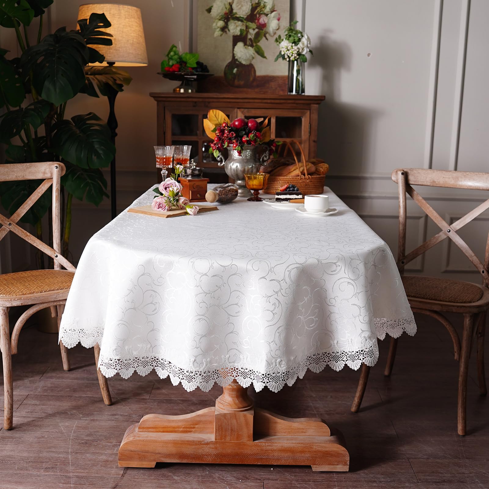 White Round Tablecloth Jacquard Table Cloth with Exquisite Lace Border Farmhouse Tablecloths Fall for Dining Wedding Coffee Outdoor Indoor Party Holiday Tabletop Use (White, 70 Inches Round)